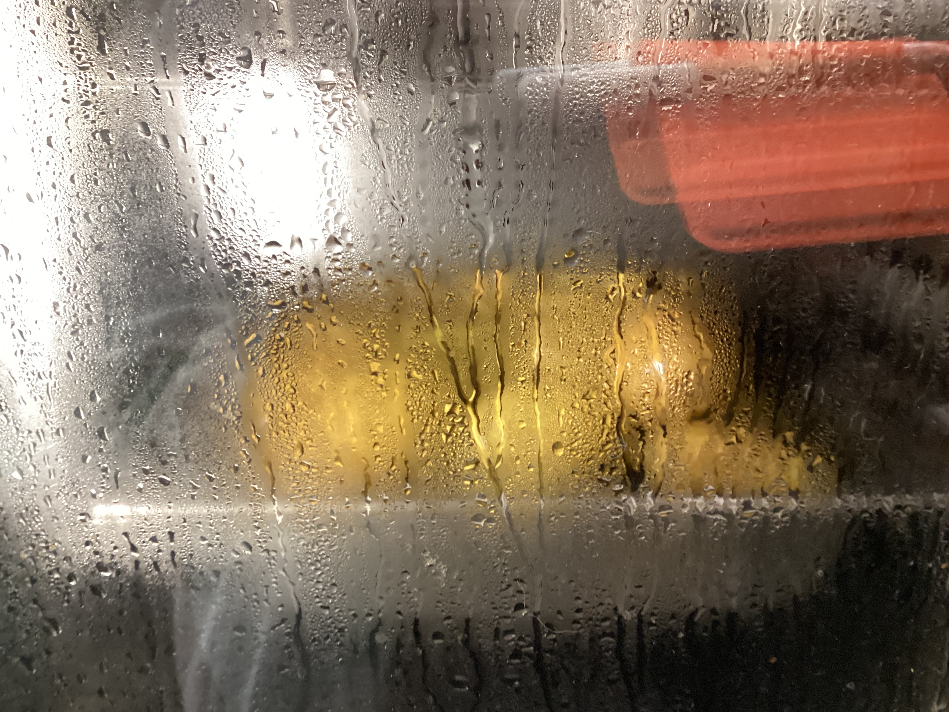 Blick durch die mit Wasserdampf angelaufene Scheibe eines Ofens, in dem Pellkartoffeln gegart werden. 