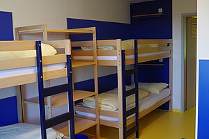 Blick in ein Mehrbettzimmer mit Stockbetten.