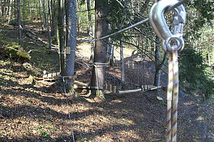 Der Klettergarten ist am Hang angelegt und lädt Kinder mit seinen Holzgeräten zu Spiel und Bewegung ein. 