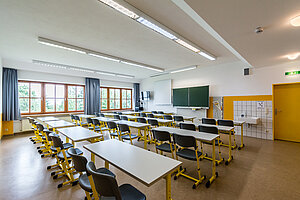 Blick in ein Klassenzimmer, in dem die Tische frontal zum Pult und zur Tafel ausgerichtet sind. 