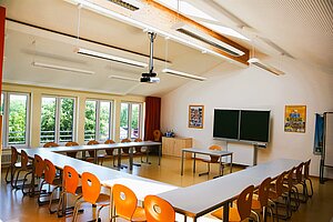 Klassenzimmer mit Tischen in U-Form zur Tafel ausgerichtet. 