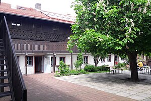 Der Innenhof des Schullandheims wird von einem großen Kastanienbaum überdacht. 