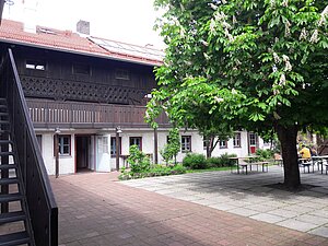 Der Innenhof des Schullandheims wird von einem großen Kastanienbaum überdacht. 