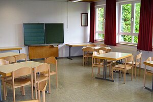 Im Klassenzimmer stehen die Tisch in Gruppen im Raum verteilt. Die Schulklassen können die Räume entsprechend ihrer Bedarfe gestalten.