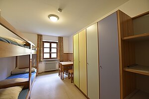 Blick in ein Mehrbettzimmer mit Stockbetten und Schränken.