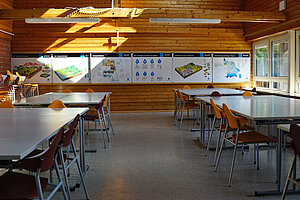 Im Klassenzimmer stehen die Tisch auf zwei seiten in Gruppenform. 