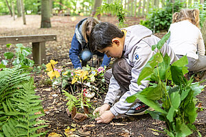 Kinder knien auf dem Waldboden und bauen Floße aus Naturmaterialien.