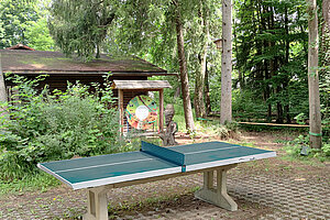 Tischtennisplatte auf einem Platz vor Wald und Hütte